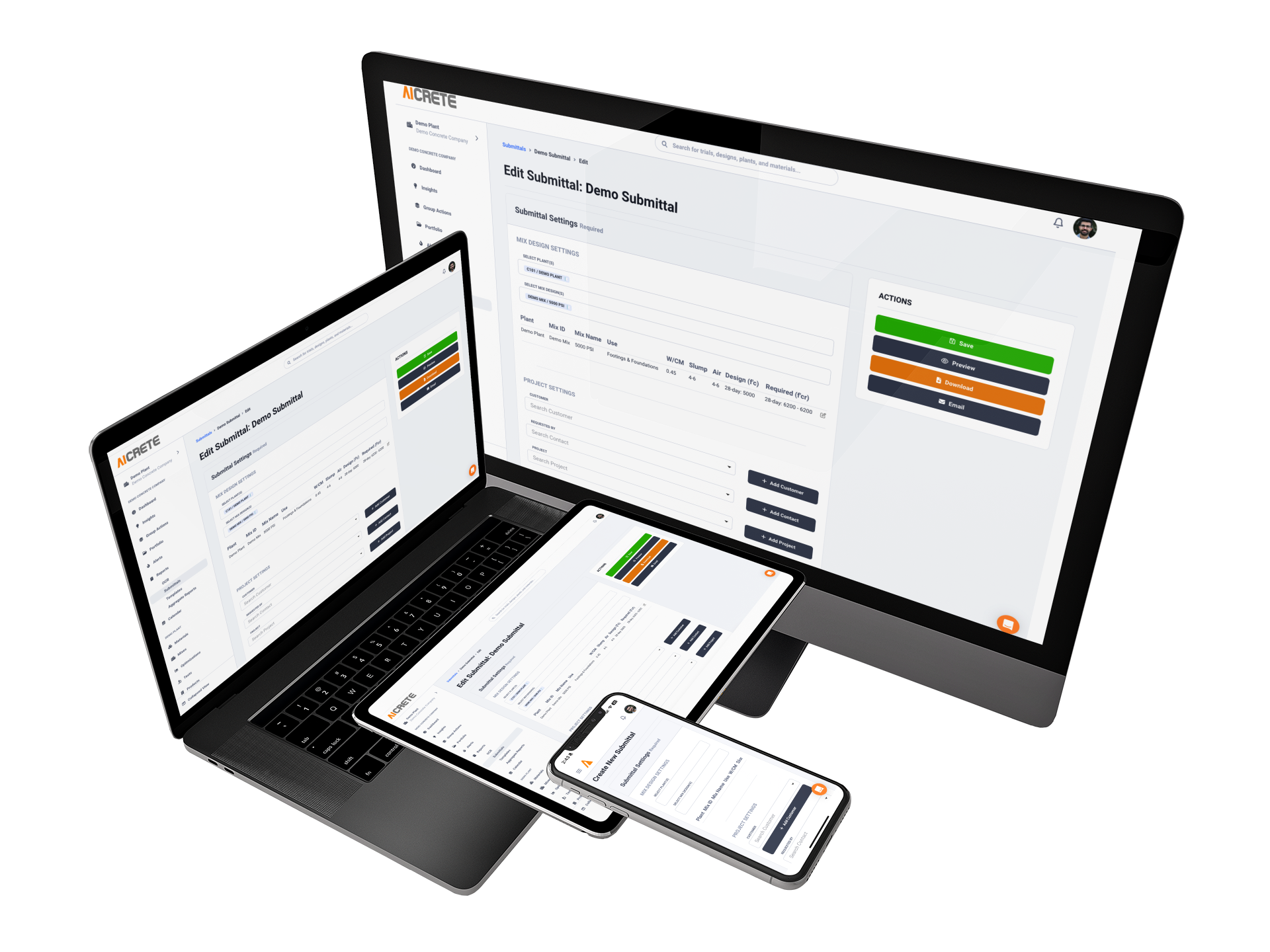 AICreteOS product interface shown across desktop, tablet and mobile devices
