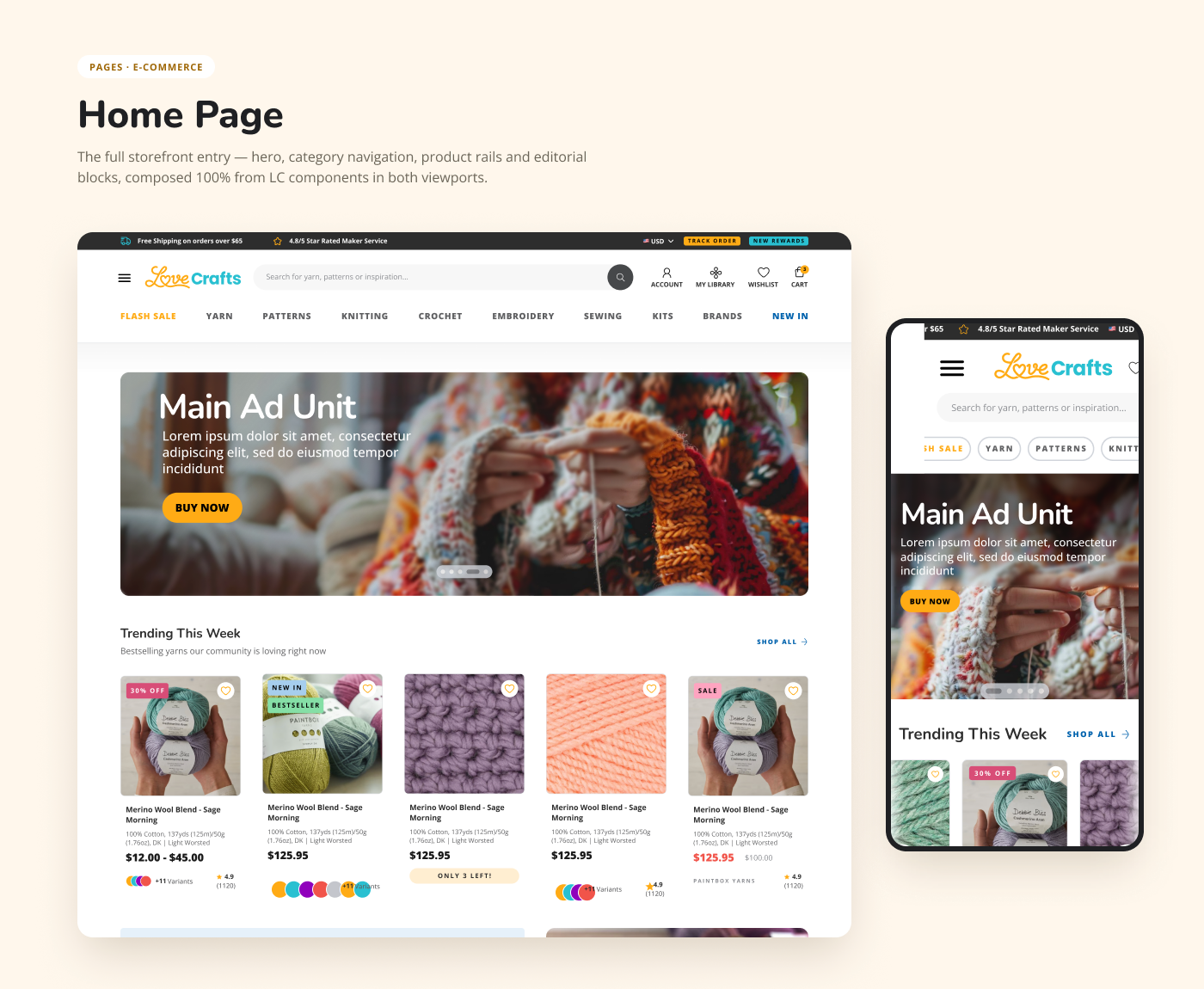 LoveCrafts responsive home page designs